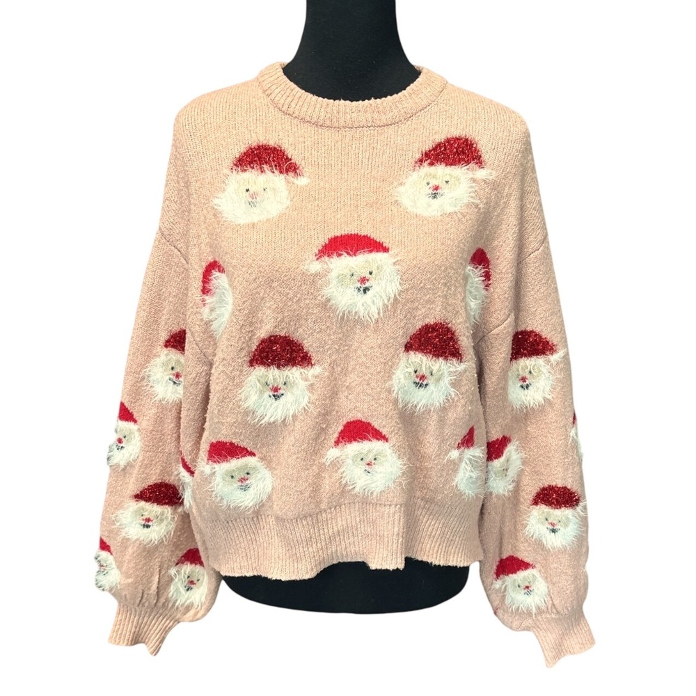Miss Sparkling Pink Santa Face Knit Christmas Sweater, Medium, Holiday Sparkle